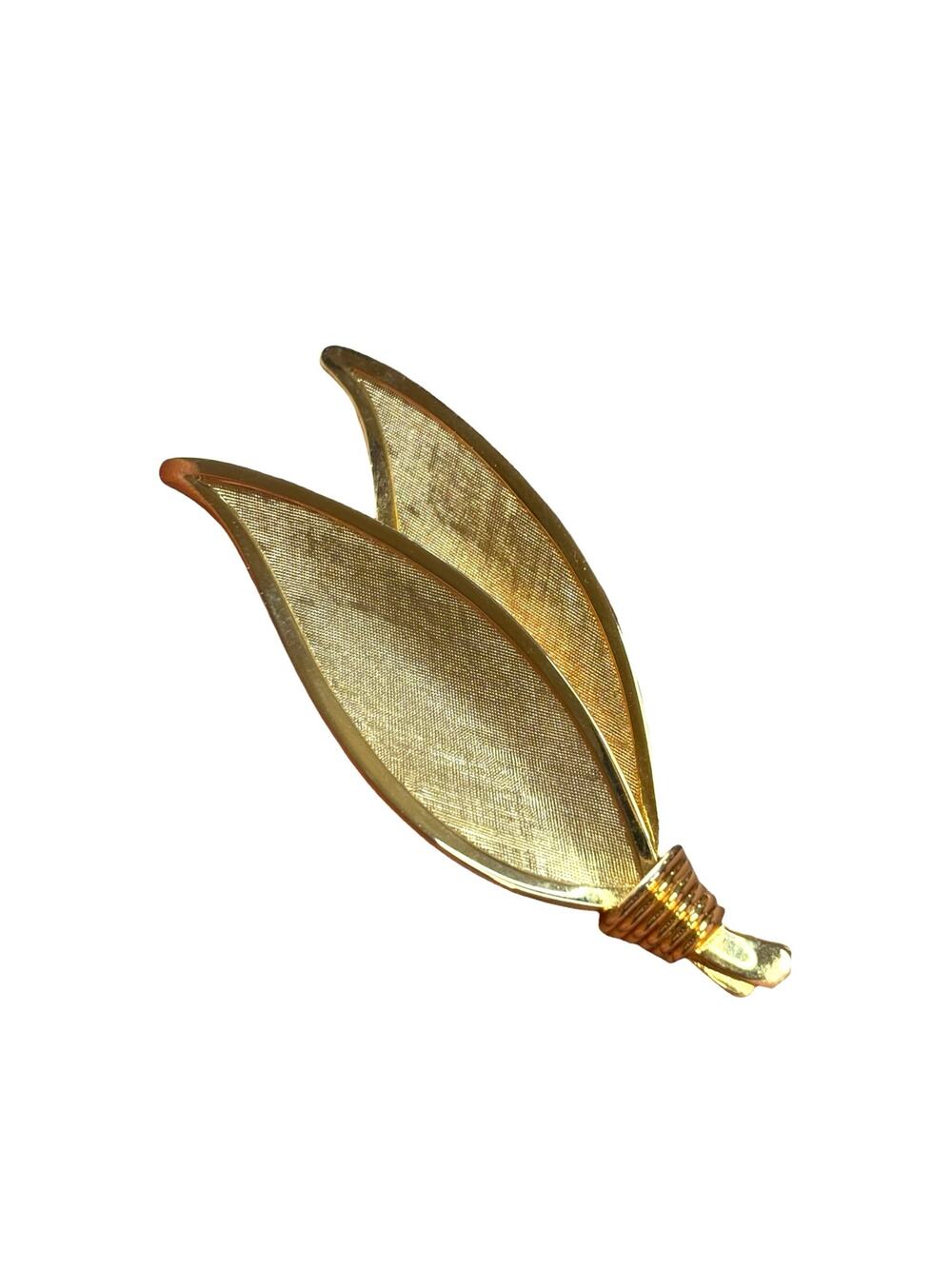 Vintage Gold Tone Brooch Brushed Metal Double Leaf Mid Century Modern Minimalist